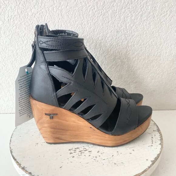 Lane Boots BECCA Womens Black Wedges 8.5 Western Sandals Cowgirl Wooden Heels - Picture 2 of 11